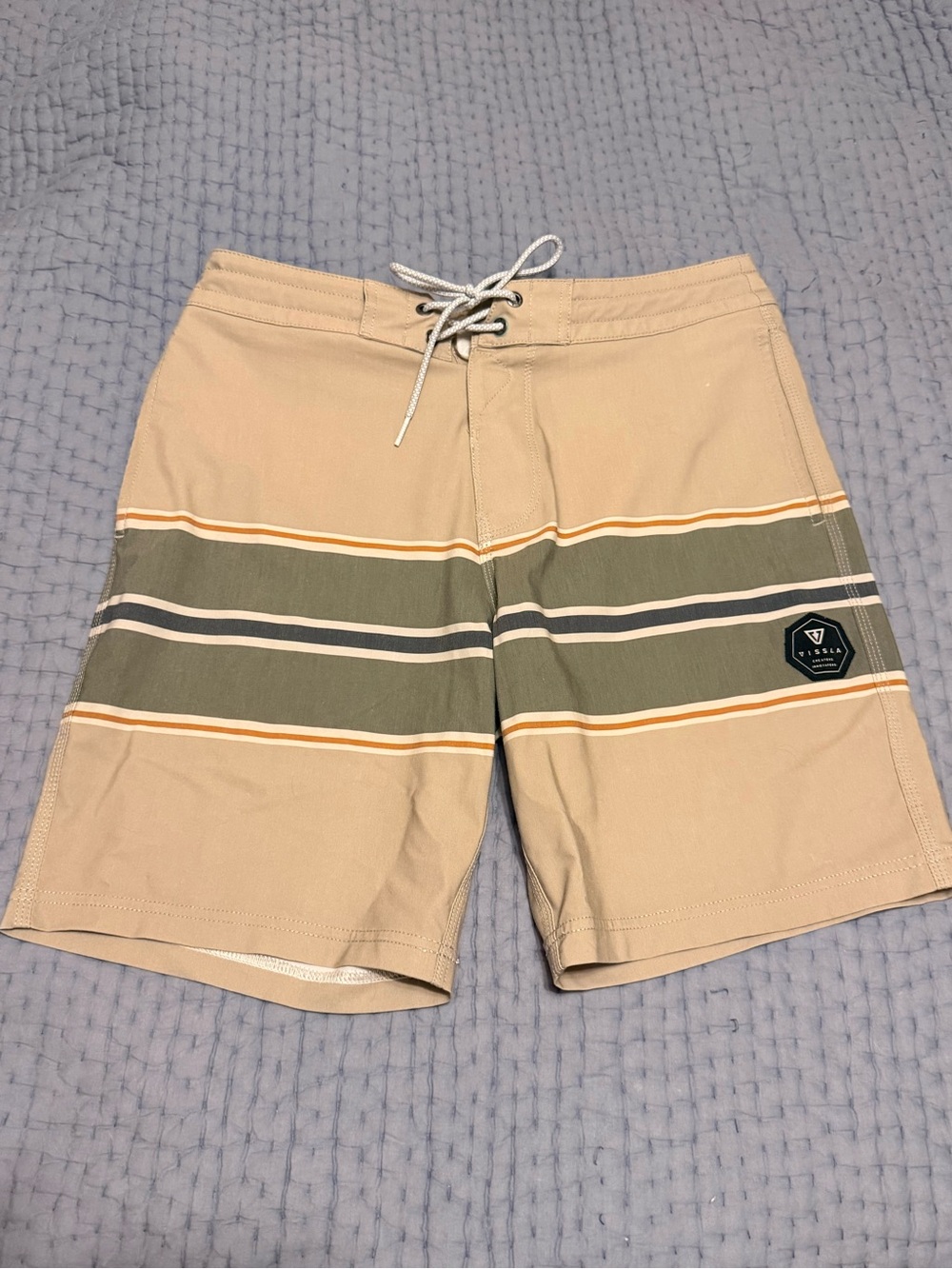 VISSLA Beige Swim Board Shorts with Olive and White Stripes